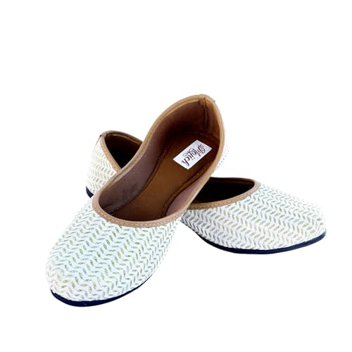 Anarkali Wave Cut Traditional Handmade Jutti for Women & Girls Embroidered Punjabi Ethnic Flat Shoes Indian Mojari Slip-On Leather Footwear for Wedding, Festive & Casual Wear (Off-White, 8)