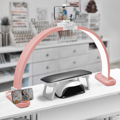 CGBE Lampada Mezza Luna Estetica: 30 Pollici - 45W - 3000-6500K Dimmerabile con 3 Modalità di Colore - Lampada da Scrivania per Unghie con Porta Cellulare per Ciglia Tatuaggi Manicure - Rosa