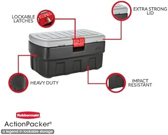 Rubbermaid ActionPacker Lockable Storage Box, 35 Gal, Grey and Black, Outdoor, Industrial, Rugged
