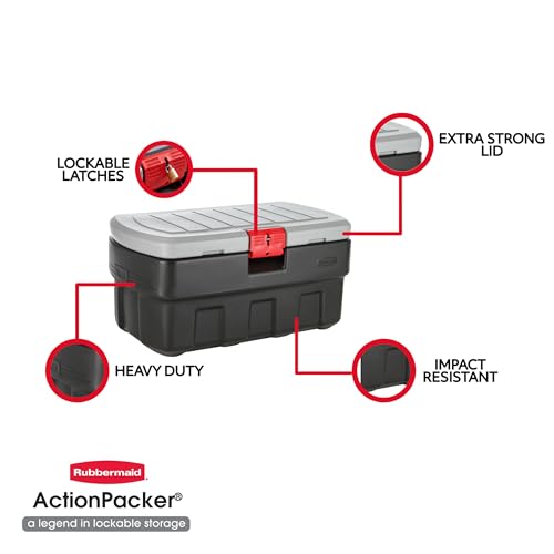 Rubbermaid ActionPacker Lockable Storage Box, 35 Gal, Grey and Black, Outdoor, Industrial, Rugged