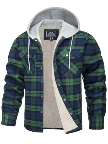 Image of TACVASEN Men's Hooded Flannel Shirts Jacket Lined Fleece Plaid Hoodies Shirts Button Down Padded Check Lumberjack Jacket Green,M