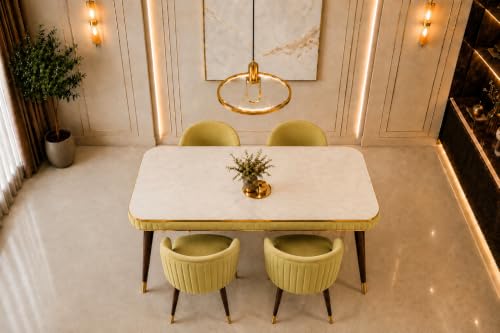 Image of WOODEN SPACE Majestic 4 Seater Wooden Dining Table Set | Urban Marble Top Dining Table with Chairs for Dining Room & Kitchen (Majestic Classic Backline Light Green) (54 x 36 x 30 inch)