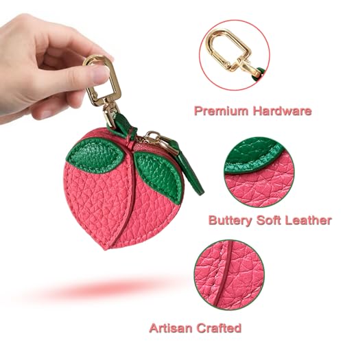 Image of 2.29 x 2.16 Inch Peach Fruit Bag Charm Cute Mini Coin Purse Keychain,Mini Leather Coin Pouch Change Purse for Backpack Decoration,Coin Peach Wallet Gifts for Girl Women