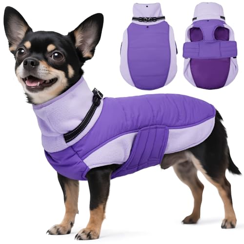 Image of BRKURLEG Dog Coat, Turtleneck Winter Jacket with Harness for Small Medium and Large Dogs, Windproof Reflective Warm Fleece Dogs Snowsuit with Hook & Loop, Dog Coats for Cold Weather, Purple S