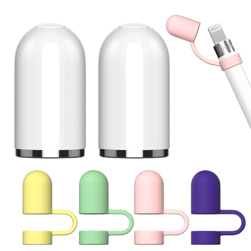 IJHYGD 2 pcs Tapas de Lápiz para Apple Pencil 1 Generation(2 Tapas Blancas,4 Soportes para Gorras).Tapa de Repuesto Magnética Ipencil y Tapa de Silicona Antipérdida,Accesorio de Tapa de Repuesto