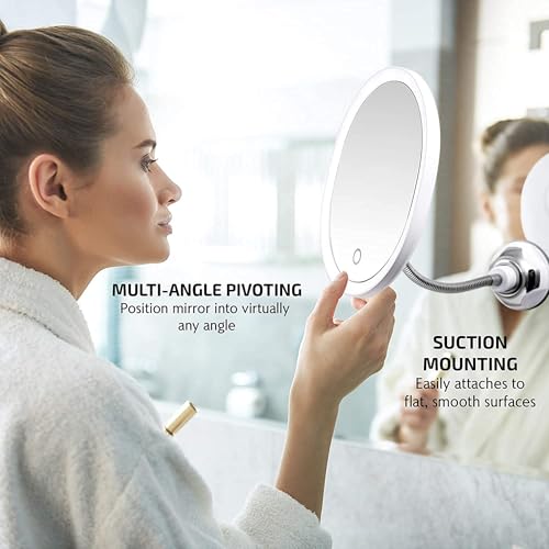 Image of OVENTE 9'' Rechargeable Lighted Wall Mount Bathroom Mirror, White MOW22W | Touch Screen Dimmable LED Lights, Includes Mini Magnetic 10X Magnifier, Flexible Gooseneck, Suction Mount and Micro USB Cable