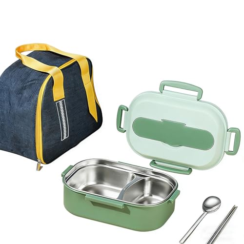 Xinoiiatir Fiambrera Bento, Diseño de 2 Rejillas, Fiambrera Térmica de Acero Inoxidable 304 con Palillos Cuchara,Adecuado para almuerzos trabajo-escuela-al aire libre,Green-1400ml