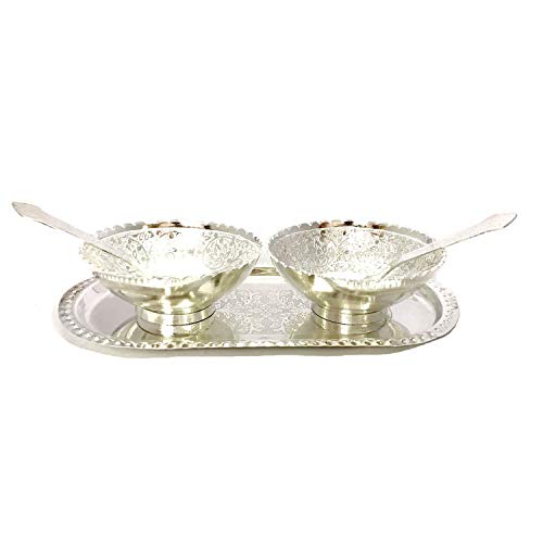 Dby Tradenet Dry Fruit Box Silver Color Plated Brass 2 Bowl 2 Spoon And 1 Tray Set Tray Sweet Mukhwas Supari Candy Chocolate Box Multipurpose Dry Fruit Set Serving Tray #TOP1