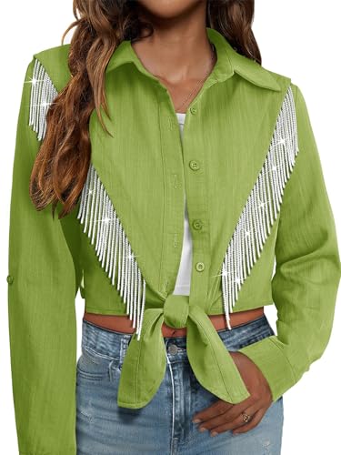 Womens Sparkly Fringe Cropped Button Down Shirt with Rolled Sleeves