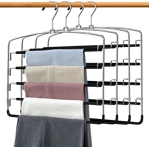 Pants Hangers 4 Pieces, Swing Arm Trousers Hanger, Space Saving Pants Rack, 5 Layers Jeans Hangers with Non-Slip, Multiple Pants Hanger Closet Organizer for Trousers Scarves Ties