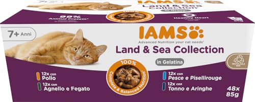 IAMS Cibo umido per gatti Senior Land and Sea Collection - Multipack con varietà di carne e pesce in gelatina, cibo umido per gatti anziani dai 7 anni, 48 x 85 g