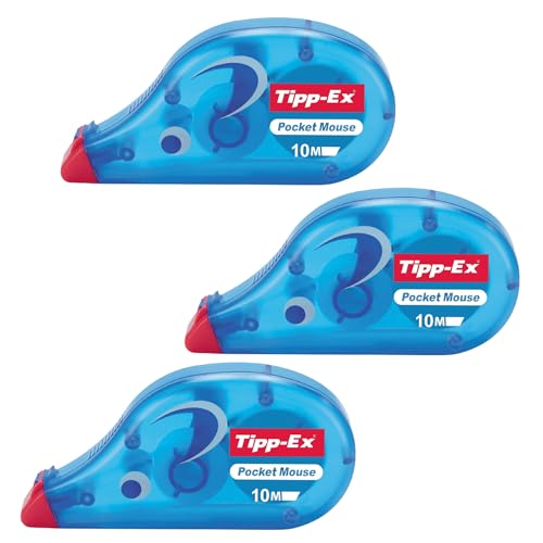 DLM Direct Tipp-Ex Pocket Mouse Correction Tape 10m Tear-Resistant Plastic Tape Easy Application No Pressing Needed Instant Dry Protective Cap Clean Corrections for Office and School Multipack (3)