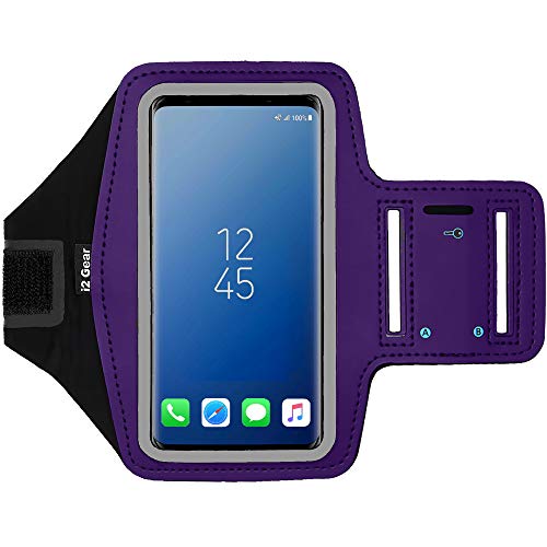 i2 Gear Cell Phone Armband Case for Running - Workout Phone Holder with Adjustable Arm Band and Reflective Border - Large Armband for iPhone X XS Galaxy S9, S8, S7, Edge, LG, Purple