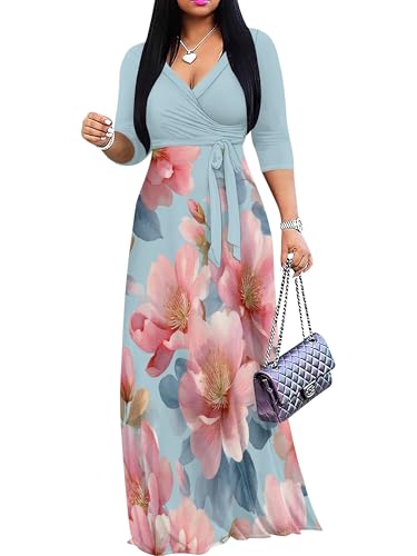 Image of PinkPatty Plus Size Maxi Dress for Women Casual V Neck 3 /4 Sleeve Boho Printed Long Dress with Pockets