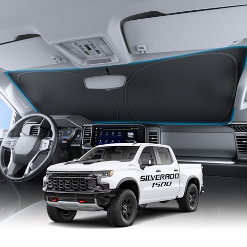 Image of Wigoo for Chevrolet Silverado 1500 Windshield Sunshade [OEM Design, 100% Sun Blockage] Foldable Heat Insulation Sun Shade with Storage Bag, for Chevrolet Silverado 1500 (2019-2026), Silver Coating