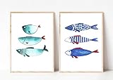  Din A4 Kunstdruck 2-teilig ungerahmt - Fisch Fische Trio Meerestier Maritim Aquarell, Naive Malerei, Türkis, Blau Deko, Badezimmer Geschenk Druck Poster Bild