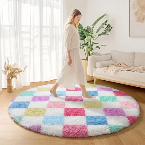 Image of KICMOR Pink Rainbow Round Rugs 5ft for Bedroom Living Room, Cute Fluffy Soft Circle Area Rug Fuzzy Shag Shaggy Carpet, Circular Checkered Rug for Kids Girls Boys Dorm Nursery Home Decor Aesthetic