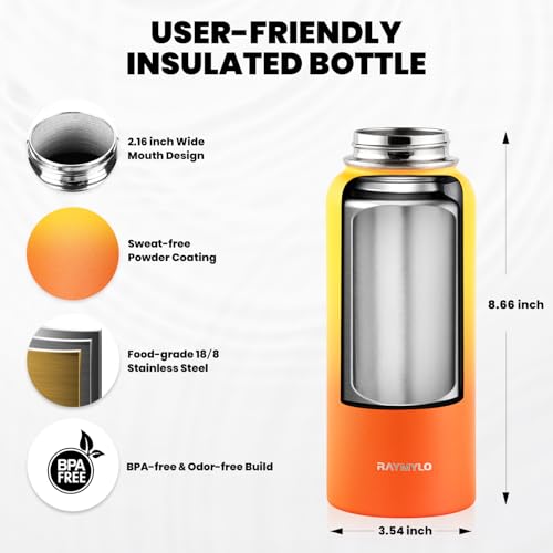 Image of RAYMYLO Insulated Water Bottle 32 oz, Triple Wall Vacuum Stainless Steel (Cold for 24Hrs, Hot for 12Hrs), Leak Proof & Non-BPA, Modern Water Flask Jug with Paracord Handle & Straw Spout Lids
