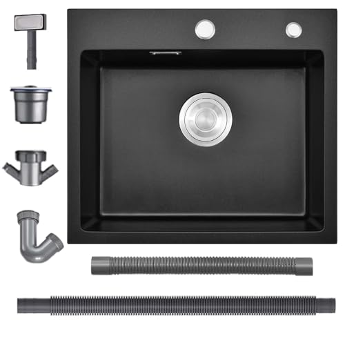 Bokaiya Fregadero Cocina Negro 50 X 45 cm, Fregadero Cocina 1 Seno, Fregadero Granito Con Rebosadero, 2 Orificios Para Grifo Y Sifón, Adecuado Para Estaciones de Cocina