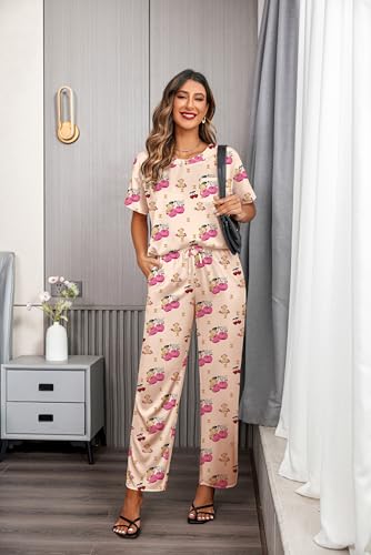 Image of Ekouaer Womens Satin Silky Pajama Set Short Sleeve Shirt with Long Pajama Pant Set Soft PJ Loungewear