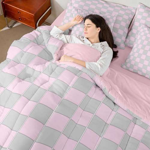 Image of Erosebridal Pink and Grey Girls King Comforter Set 7 Piece Cute Checkered Bedding Sets with Sheets for Kids Teen Women,Geometric Grids Plaid Bed in A Bag Bedroom Decor,Gingham Bed Set