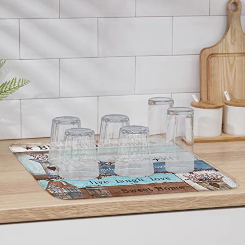 Lifemusion Farmhouse Teal Brown Wood Dish Drying Mat For Kitchen Counter thumb #5