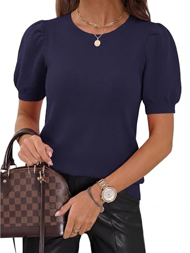 Image of PRETTYGARDEN Womens Sweaters Spring 2026 Summer Puff Short Sleeve Sweater Trendy Cute Knit Work Blouses Business Casual Tops