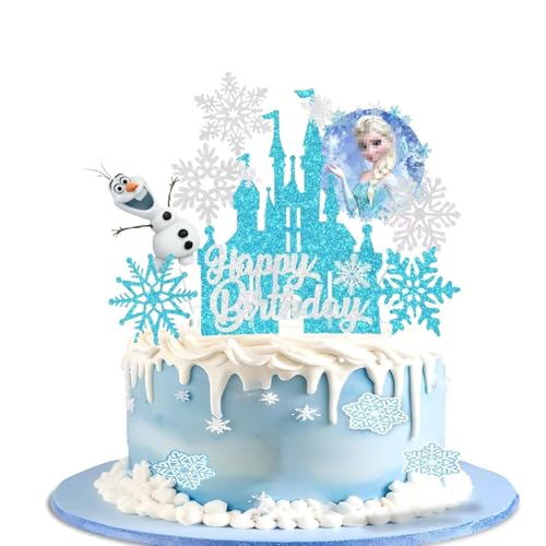 Ice Princess Cake Toppers Cake Toppers For Girls Silver Blue Snowflake Cupcake Toppers for Princess Happy Birthday Cake Decorations (A)