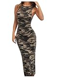 GORGLITTER Women's Camo Print Maxi Bodycon Dress Crewneck Sleeveless Ruched Tank Dresses Army Green Medium