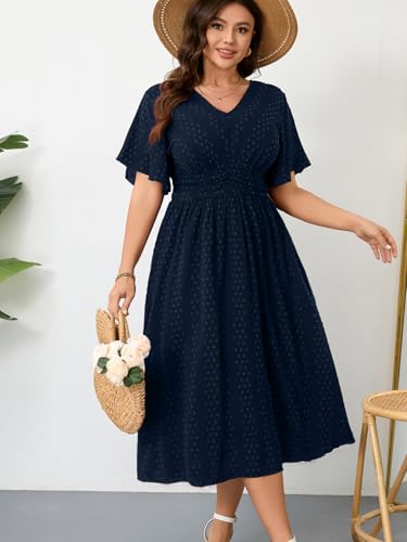 Image of RWJ Women's Plus Size Maxi Dress V Neck Short Sleeve Swiss Dot A Line High Waist Boho Swing Casual Summer Dresses
