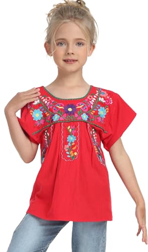 Image of YZXDORWJ Mexican Blouse for Girls Traditional Embroidered Summer Short Sleeve Peasant Blouse for Kids