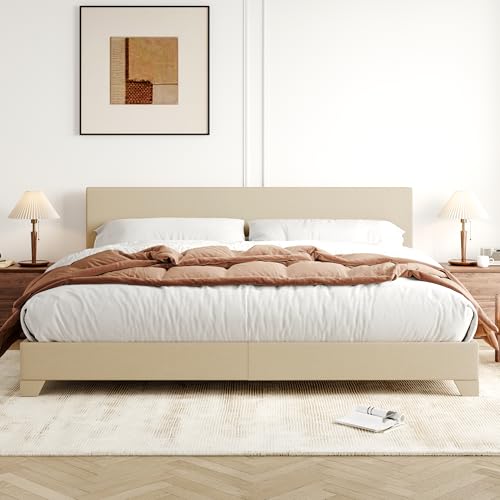 Image of Allewie King Size Upholstered Bed Frame Adjustable Headboard, Beige