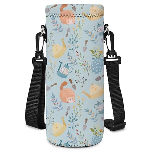 AORTDES Neoprene 1000ML/1L Water Bottle Bag Carrier, Portable Insulated Bottle Sling Holder Case Pouch with Adjustable Shoulder Strap for Men Women Walking Hiking Running (Ginger Cats)