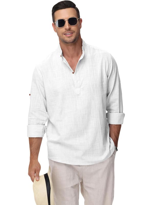 Image of Macsivo Men's Cotton Blend Solid Short Kurta with Regular Lenth Mandarin Collar Short Button Placket Rolled up and Full Sleeves Kurta for Men