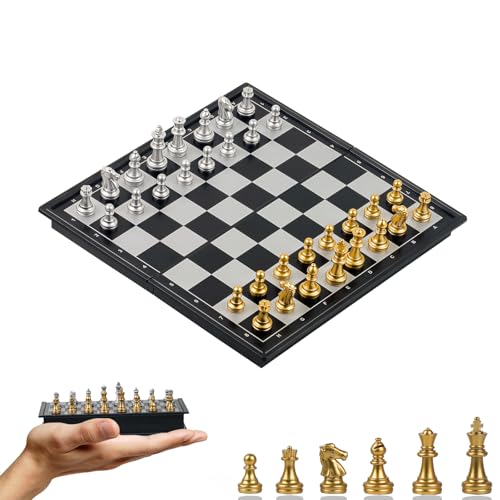 チェスセット Travel Chess Set 20×20cm マグネット式 折りたたみ式 収納便利 大人 子供 旅行 入門用 (金と銀の駒)