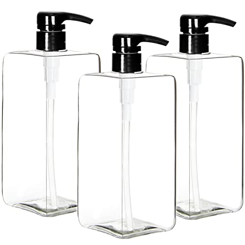 Youngever 3 Pack 1000ML Pump Bottles (1 Liter), Empty Shampoo Pump Bottles, Plastic Square with Lockdown-Leak Proof-Pumps (Black Pump)