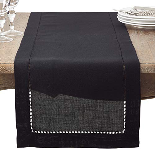 Black Table Runner With Hemstitch Border - 16"X72" Oblong #TOP1