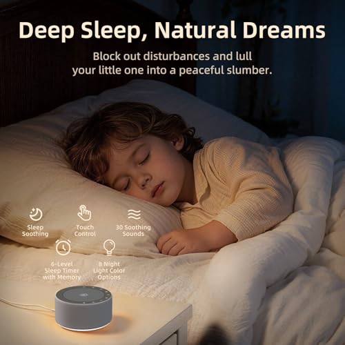Image of Kipcush White Noise Machine for Baby & Adults, 30 Soothing Sounds, Soft Non-Glare Nursery Lamp, 8 Color Night Lights, Memory Function (Angel V4 Grey, Standard)