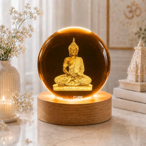 Image of COVACURE 3D Lord Buddha Statue Crystal Ball Night Lamp, 2.4 Inch Gautam Buddha Idols Crystal Ball Night Light for Home & Office Desk Decor, Birthday Gift, Spiritual Showpiece