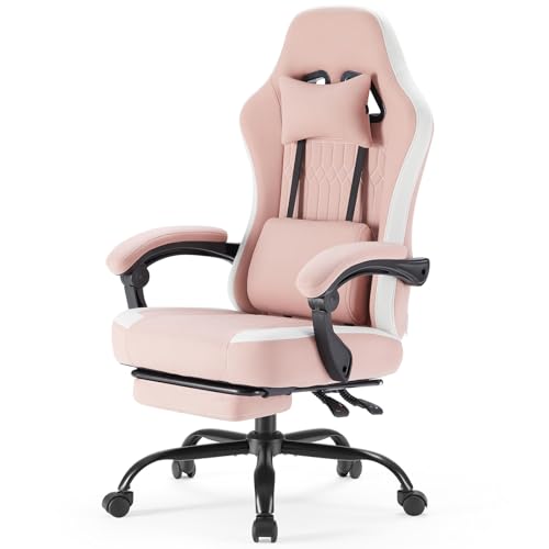 Image of Computer Gaming Chair - High Back Ergonomic Desk Chair with Footrest and Lumbar Support, Height Adjustable Task Chair with Linkage Armrests and Headrest, 360 Swivel Wheels, Pink