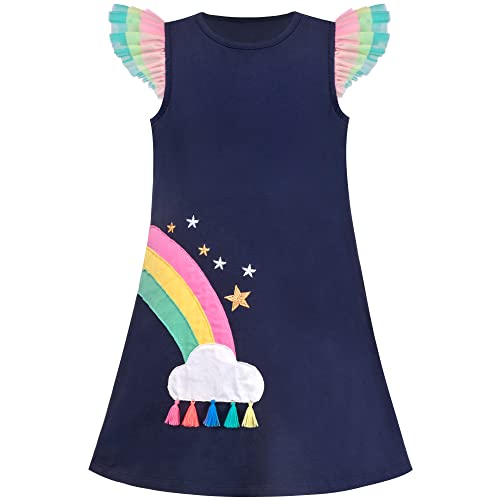 Sunny Fashion Girls Dress Blue T-Shirt Pocket Embroidery Butterfly Tulle Flutter Sleeve