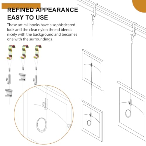 Image of Dunzy 10 Pcs Picture Rail Hanging System Kit Picture Rail Hooks Molding Hangers with Invisible Nylon Cord and Adjustable Hooks for Exhibition, Art Gallery Supplies (71 inch Clear Perlon Cord,Zinc)