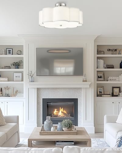 Image of Semi Flush Mount Ceiling Lights, 4-Light 18 inch Ceiling Light Fixtures with Fabric Shade in Flower Shape, Brushed Nickel Farmhouse Drum Lighting for Nursery Bedroom Kitchen, AD-22009-4SF-SN