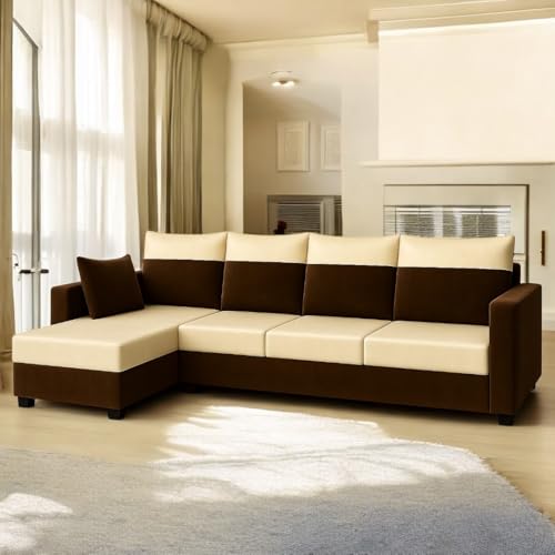 Image of FURNY Arissa 6 Seater Fabric LHS L Shape Sofa Set (Cream-Dark Brown) Premium Velvet Finish | Durable Comfort | Ideal for Living Room