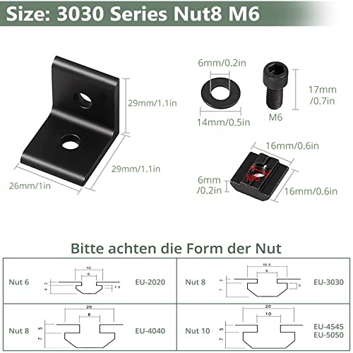EYPINS 10X Winkelverbinder ALU, Winkel Befestigung Befestigungsmaterial Aluprofil 30x30 30x60 Nut 8 Raster Streben Aluminium Bauwinkel Möbelwinkel Eckwinkel für Aluminiumprofil, Strebenprofil, Schwarz