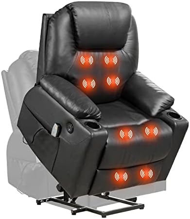 Electric Power Lift Chair Recliner Sofa for Elderly Massage Chair, Adjustable Furniture with Vibration Massage and Lumbar Heated,Remote Control,USB Ports for Living Room (Black, Leather)