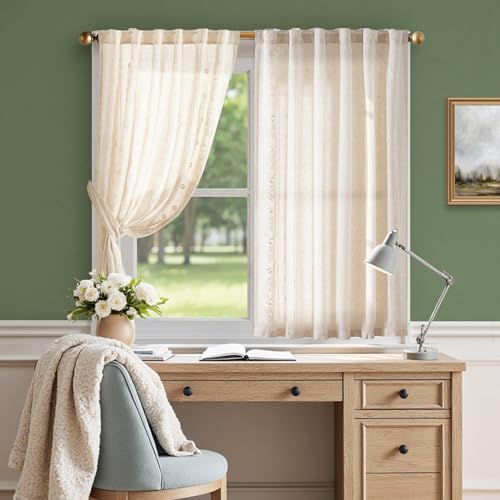 Image of jinchan Ivory Floral Linen Kitchen Tier Curtains 45 Inch Back Tab 2 Panels