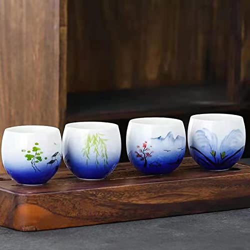 Mqjzsh Hand Drawn Chinese Japanese Style Traditional Ceramic Tea Cup Set Of Four, Tea Set, Kung Fu Tea Cup, Coffee Cup (Blue 2) #TOP9