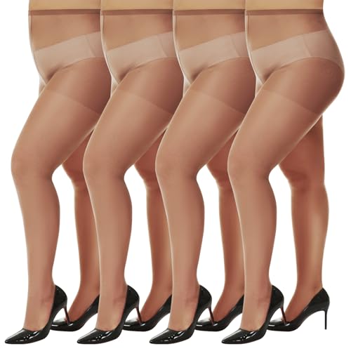 MANZI Women's Plus Size Pantyhose 4 Pairs Sheer Nylon Tights XX-Large 4 Pair Brown