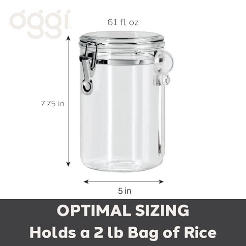 OGGI Clear Canister Airtight 61oz - Clamp Lid & Spoon - Airtight Food Storage Containers, Ideal for Kitchen & Pantry Storage of Bulk, Dry Food Including Flour, Sugar, Coffee, Rice, Tea, Spices & Herbs